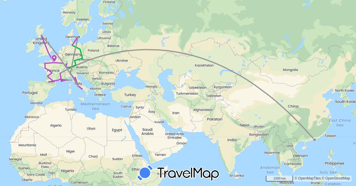 TravelMap itinerary: driving, bus, plane, train in Switzerland, China, Czech Republic, Germany, Denmark, France, United Kingdom, Italy, Monaco, Vatican City (Asia, Europe)